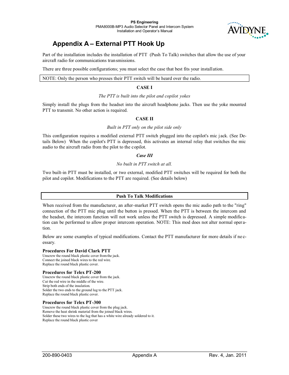 Appendix a – external ptt hook up | PS Engineering PMA8000MP3-Avidyne User Manual | Page 36 / 41