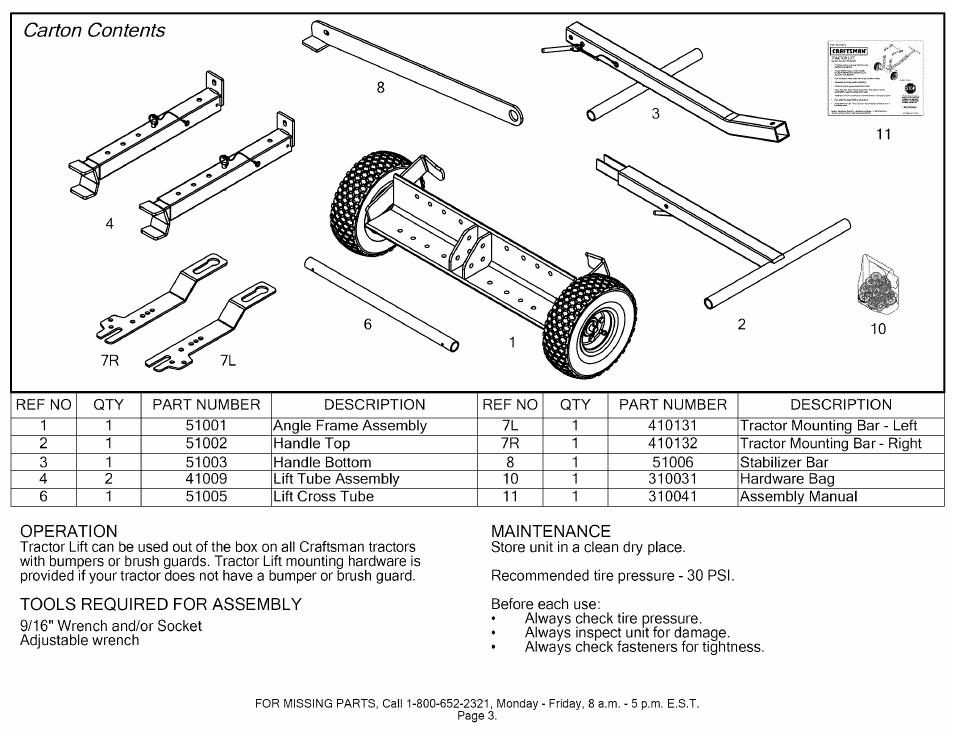 Operation, Tools required for assembly, Maintenance | Craftsman 610.24600 User Manual | Page 3 / 13