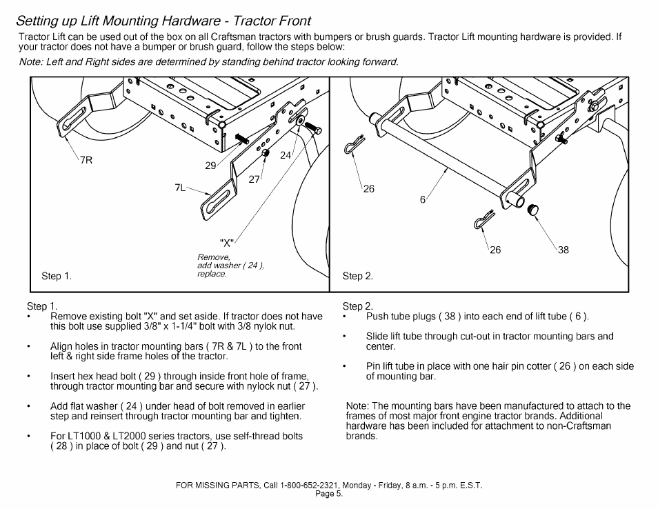 Setting up lift mounting hardware - tractor front | Craftsman 610.24600 User Manual | Page 5 / 13