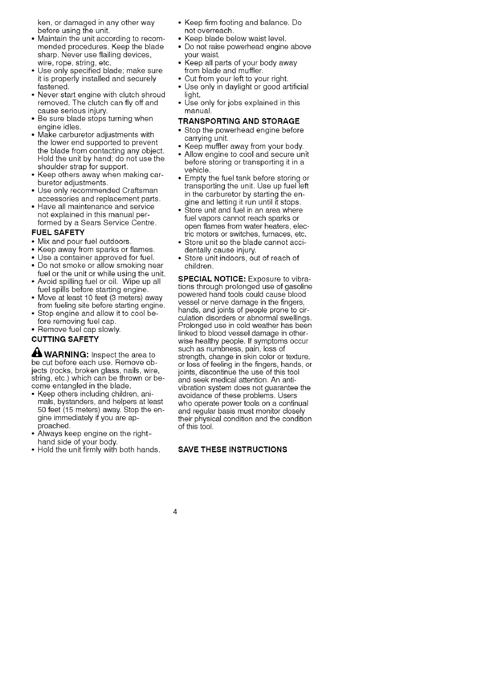 Fuel safety, Cutting safety, Transporting and storage | Save these instructions | Craftsman C944.511591 User Manual | Page 4 / 11