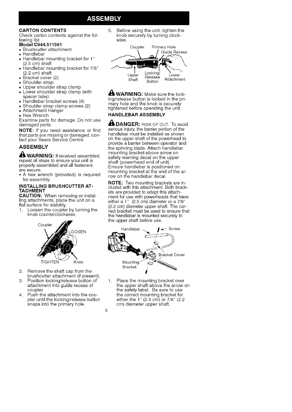 Assembly, Carton contents, Installing brushcutter attachment | Handlebar assembly | Craftsman C944.511591 User Manual | Page 5 / 11