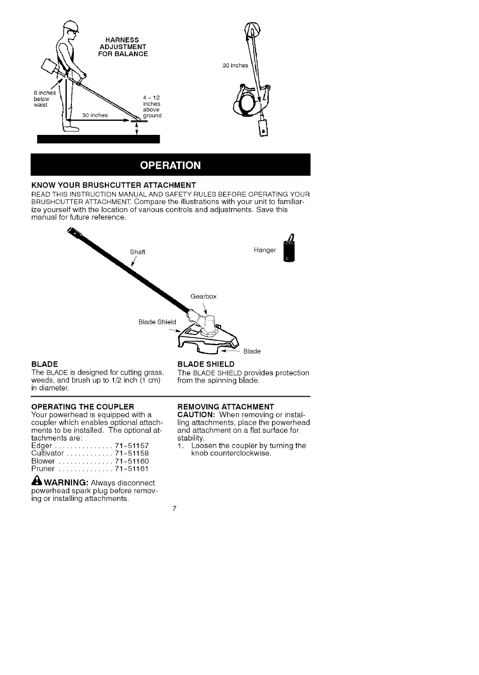 Know your brushcutter attachment, Blade, Operating the coupler | Craftsman C944.511591 User Manual | Page 7 / 11