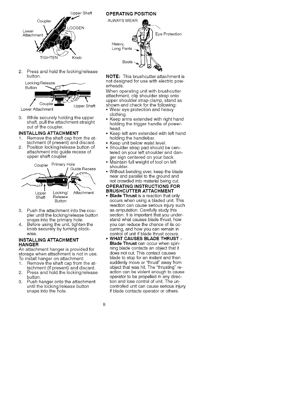 Installing attachment, Hanger, Operating instructions for brushcutter attachment | Craftsman C944.511591 User Manual | Page 8 / 11