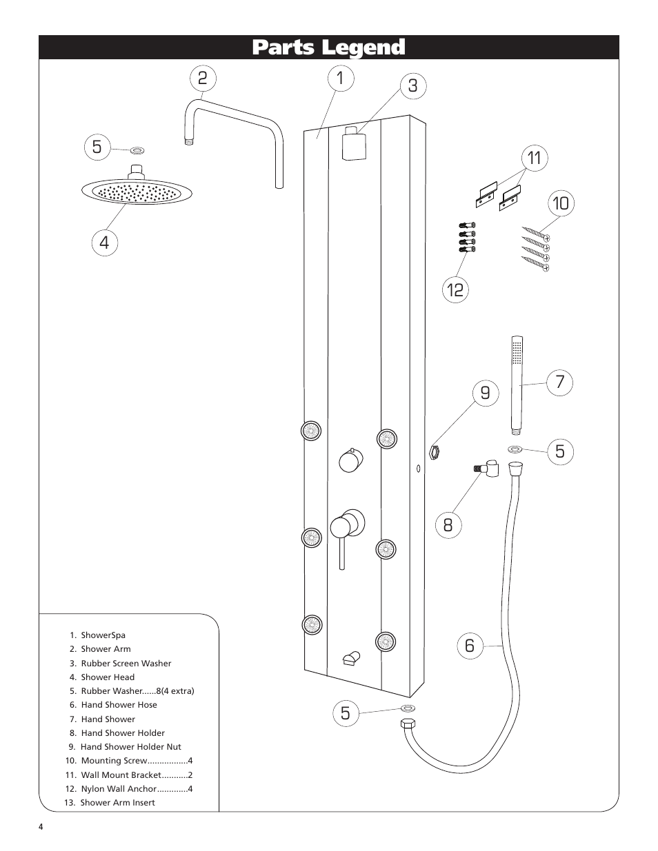 Parts legend | PULSE ShowerSpas 1039W-BN Tropicana User Manual | Page 4 / 8