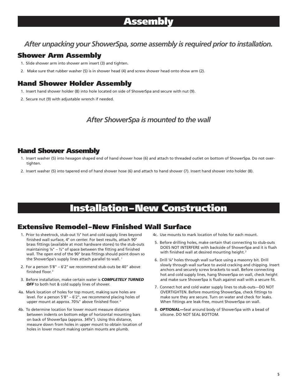 Assembly, Installation – new construction, After showerspa is mounted to the wall | Shower arm assembly, Hand shower holder assembly, Hand shower assembly, Extensive remodel – new finished wall surface | PULSE ShowerSpas 1039W-BN Tropicana User Manual | Page 5 / 8