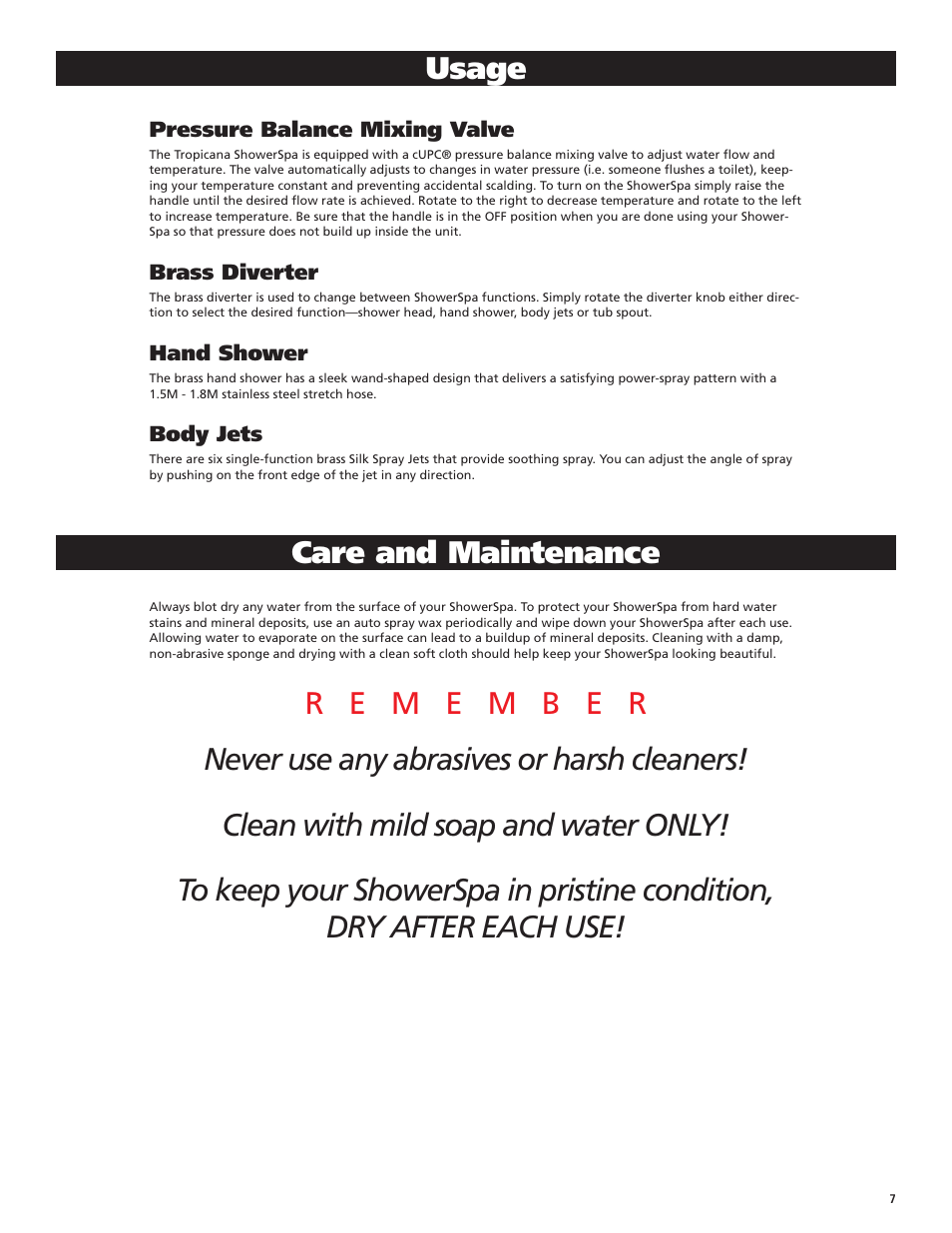 Usage, Care and maintenance | PULSE ShowerSpas 1039W-BN Tropicana User Manual | Page 7 / 8