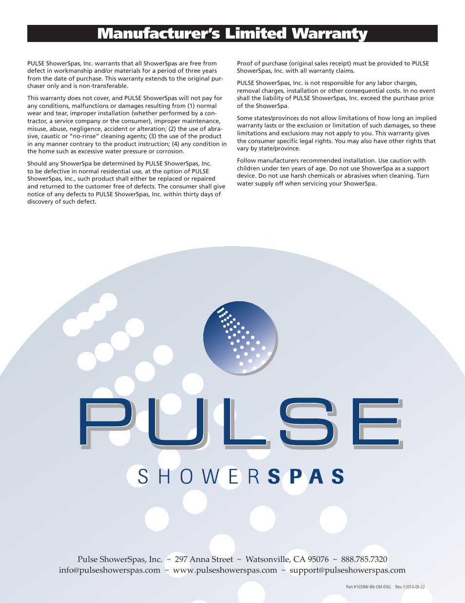 Manufacturer’s limited warranty | PULSE ShowerSpas 1039W-BN Tropicana User Manual | Page 8 / 8