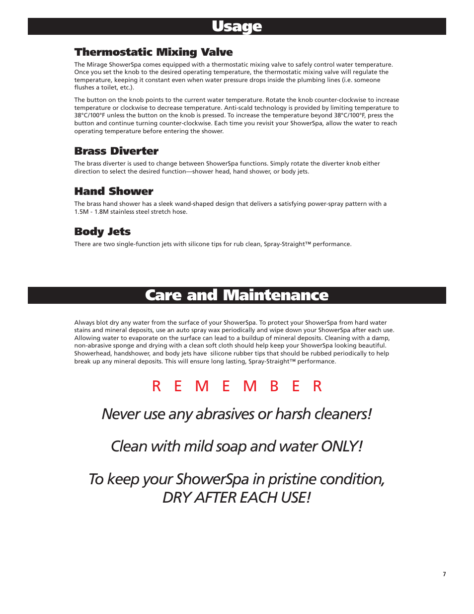 Usage, Care and maintenance | PULSE ShowerSpas 1047W-CH Mirage User Manual | Page 7 / 8