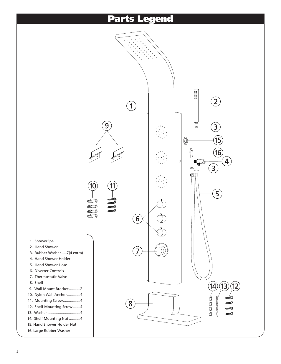 Parts legend | PULSE ShowerSpas 1048B-BN Niagara User Manual | Page 4 / 8