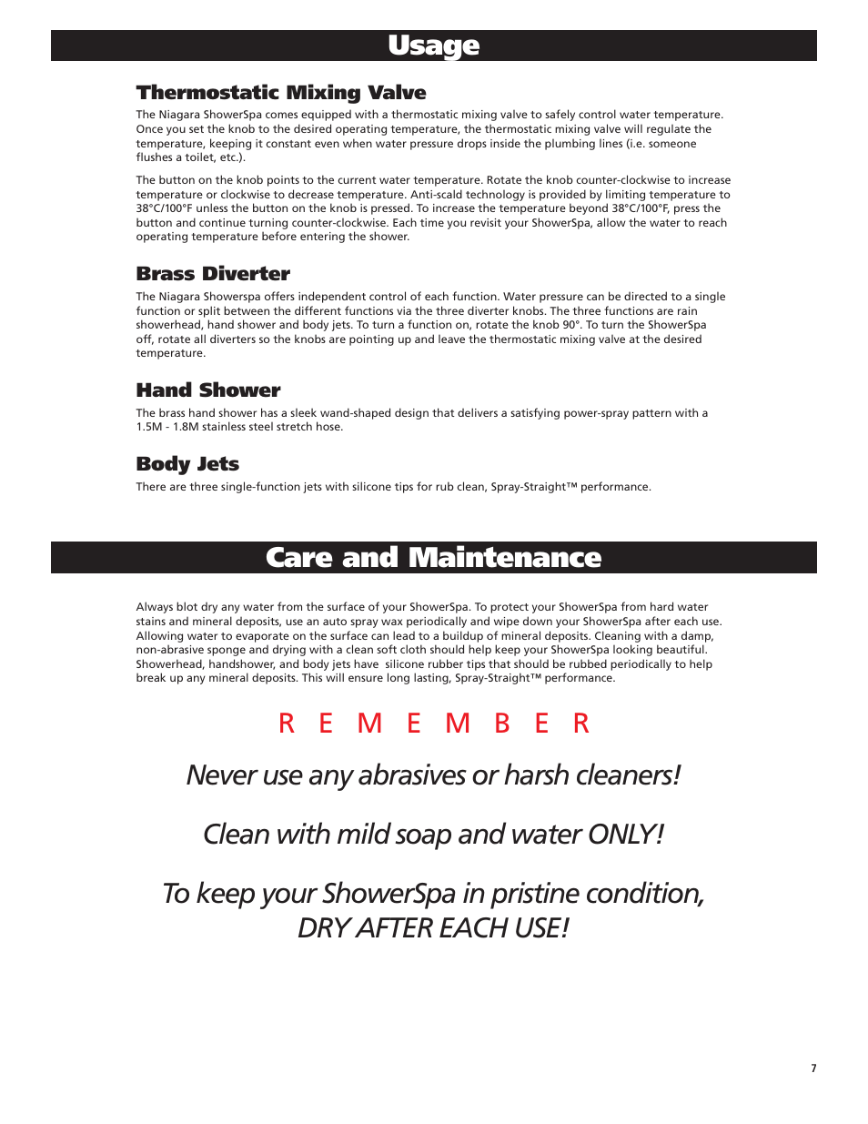 Usage, Care and maintenance | PULSE ShowerSpas 1048B-BN Niagara User Manual | Page 7 / 8