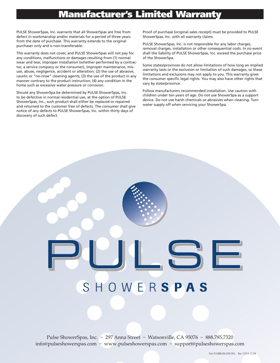 Manufacturer’s limited warranty | PULSE ShowerSpas 1048B-BN Niagara User Manual | Page 8 / 8