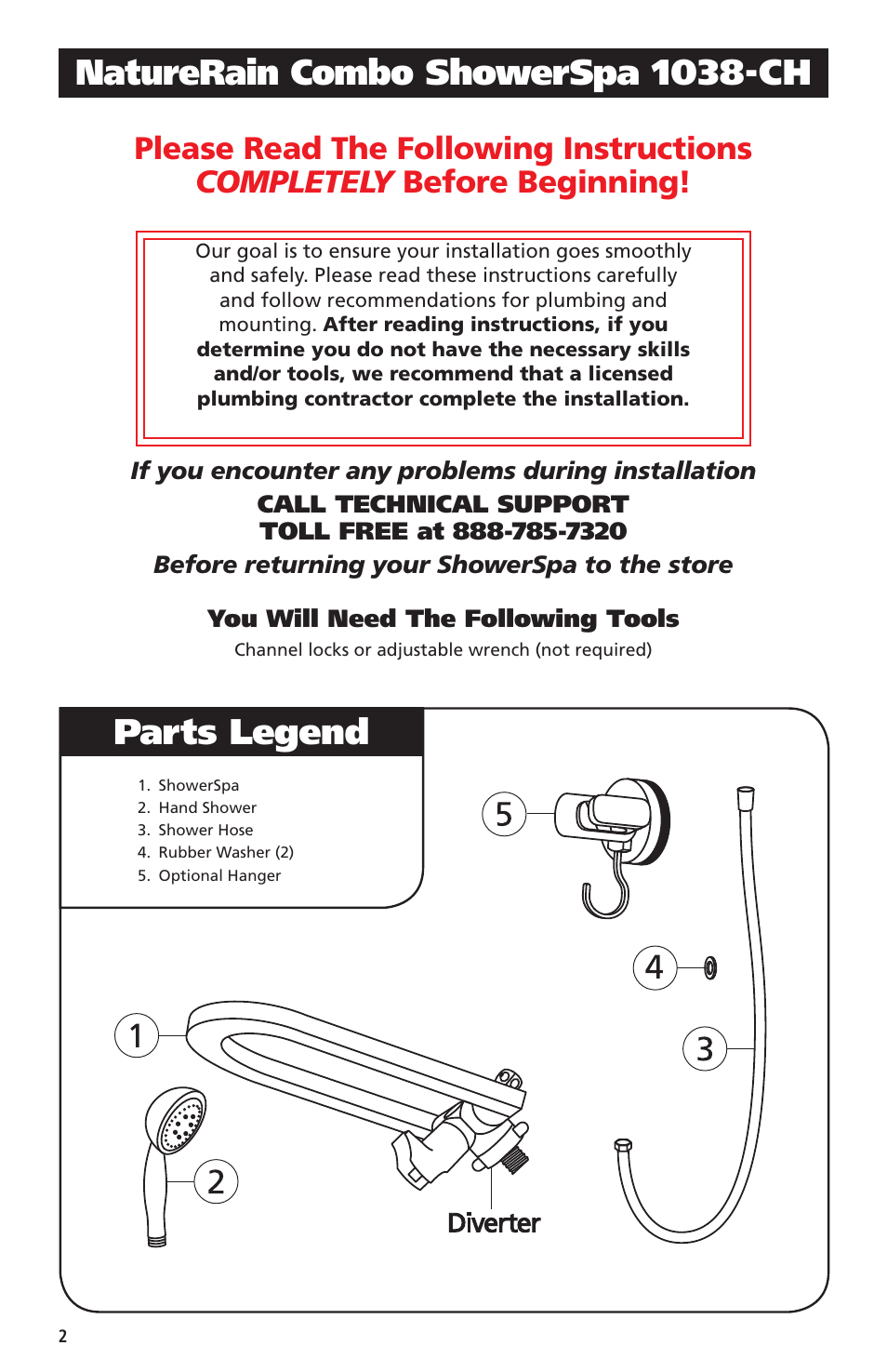 Naturerain combo showerspa 1038-ch, Parts legend | PULSE ShowerSpas 1038 Nature Rain User Manual | Page 2 / 4
