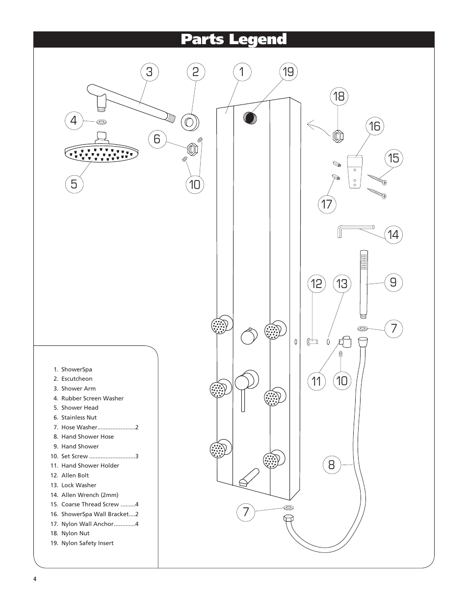 Parts legend | PULSE ShowerSpas 1025 Paradise User Manual | Page 4 / 8