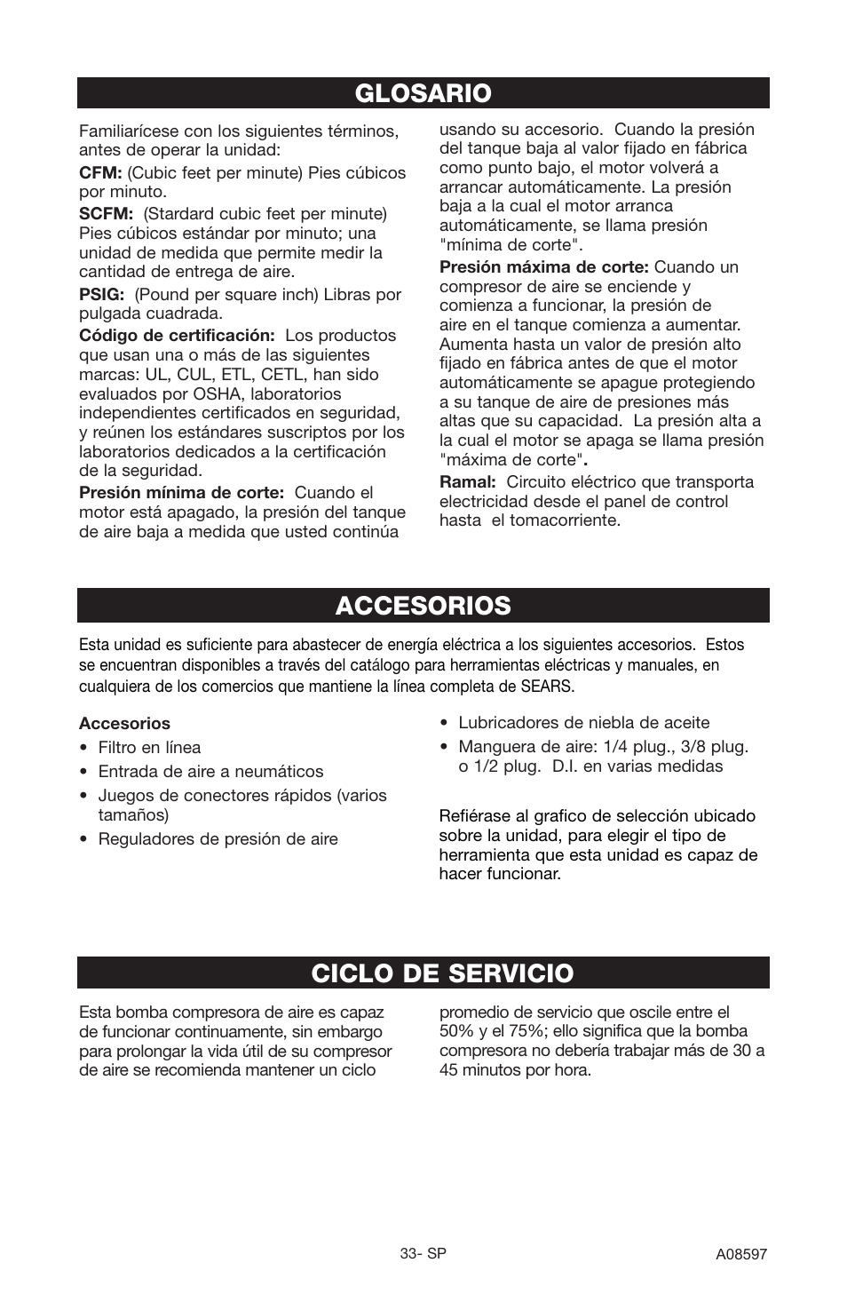 Accesorios, Glosario, Ciclo de servicio | Craftsman 919.16644 User Manual | Page 29 / 44