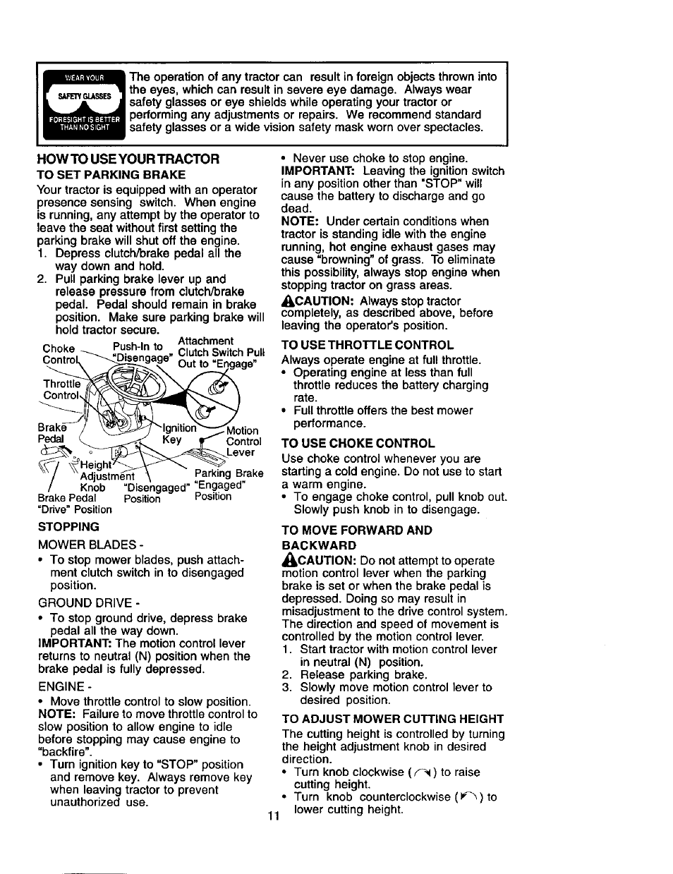 Stopping, To use throttle control, To use choke control | To move forward and backward, To adjust mower cutting height | Craftsman 917.275280 User Manual | Page 11 / 60