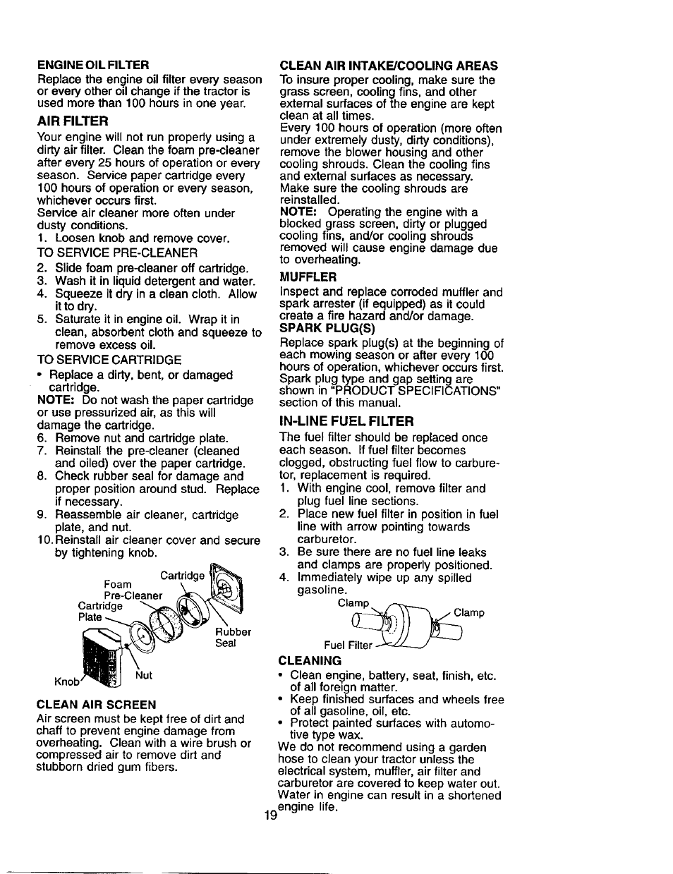 Engine oil filter, Clean air screen, Clean air intake/cooling areas | Muffler | Craftsman 917.275280 User Manual | Page 19 / 60