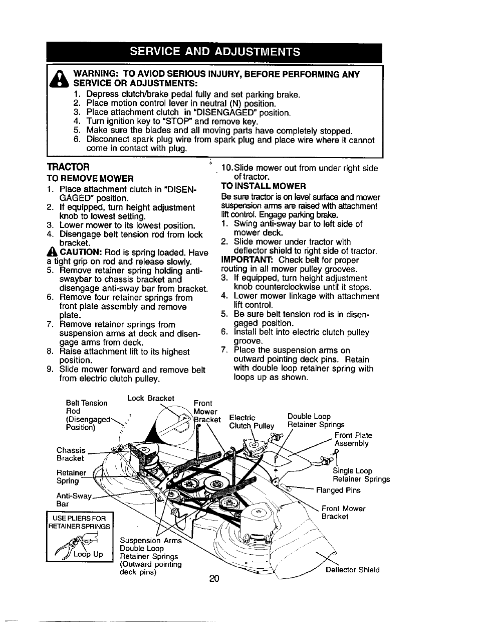 Service and adjustments, To remove mower, To install mower | Craftsman 917.275280 User Manual | Page 20 / 60