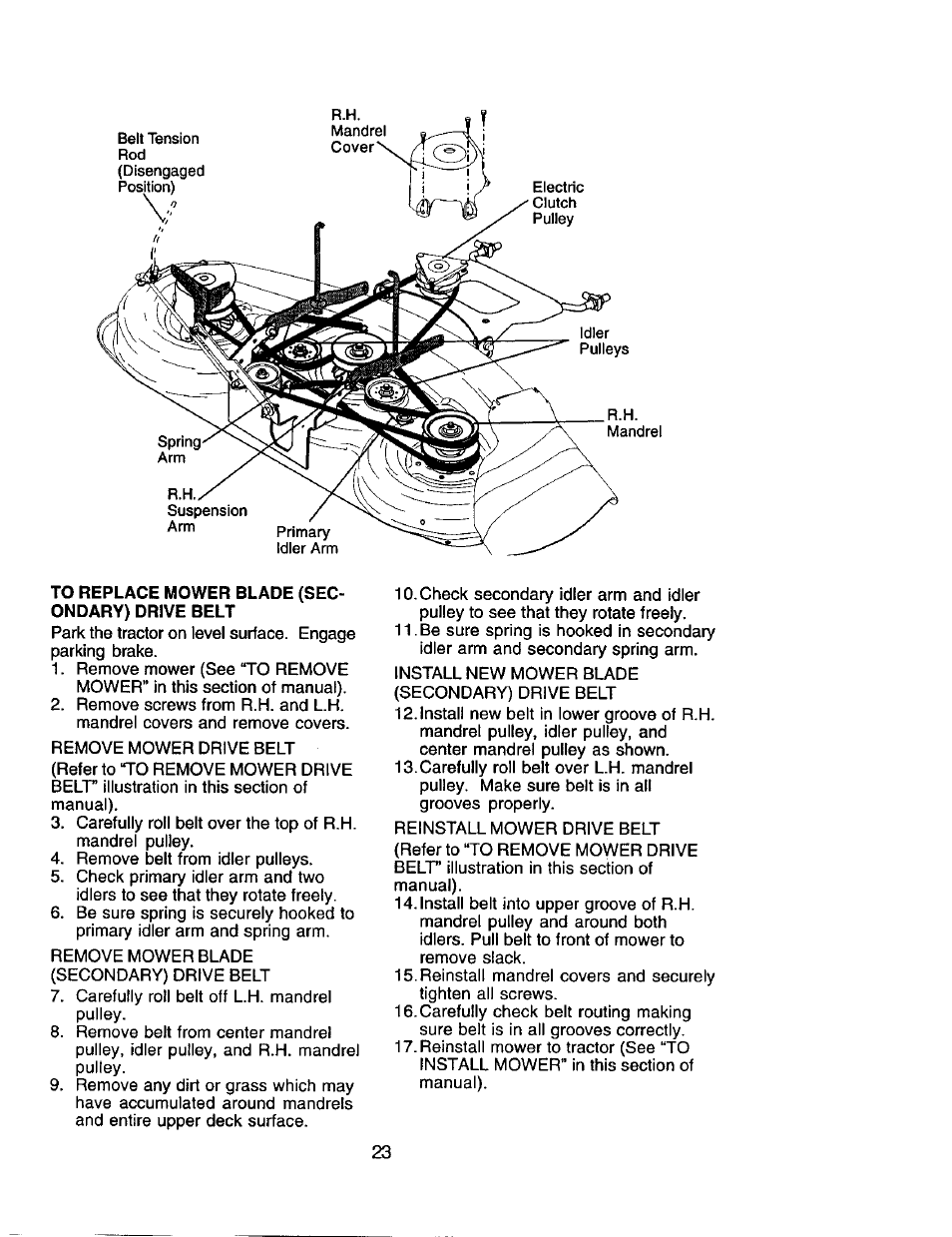 To replace mower blade (secondary) drive belt | Craftsman 917.275280 User Manual | Page 23 / 60