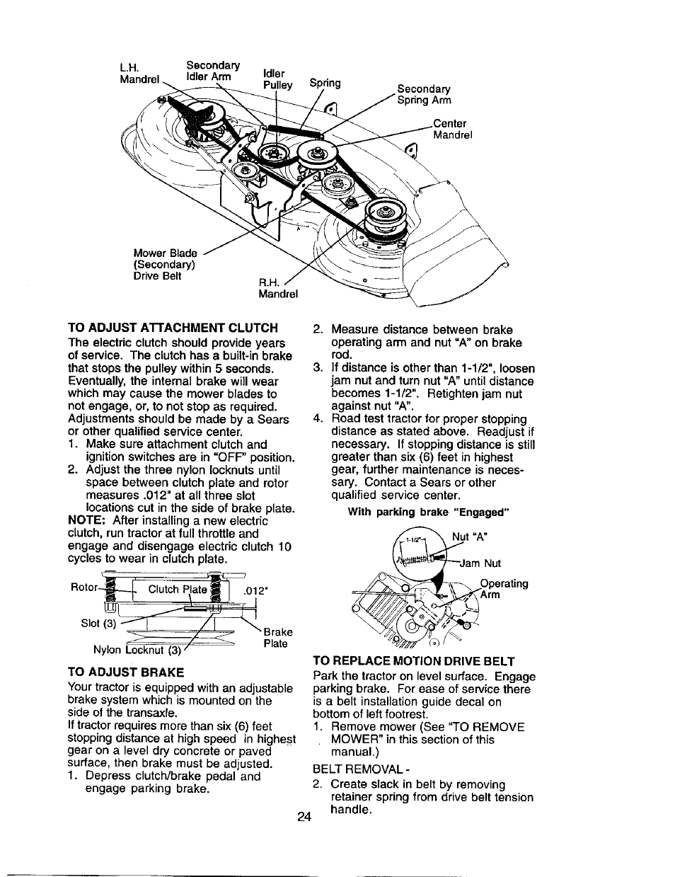 To adjust attachment clutch, To adjust brake, To replace motion drive belt | Craftsman 917.275280 User Manual | Page 24 / 60