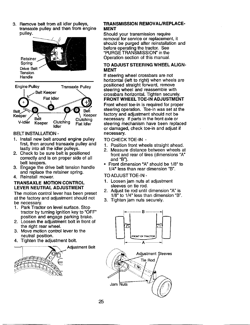 Bell, Transaxle motion control, Lever neutral adjustment | Transmission removal/replace- ment, To adjust steering wheel alignment | Craftsman 917.275280 User Manual | Page 25 / 60