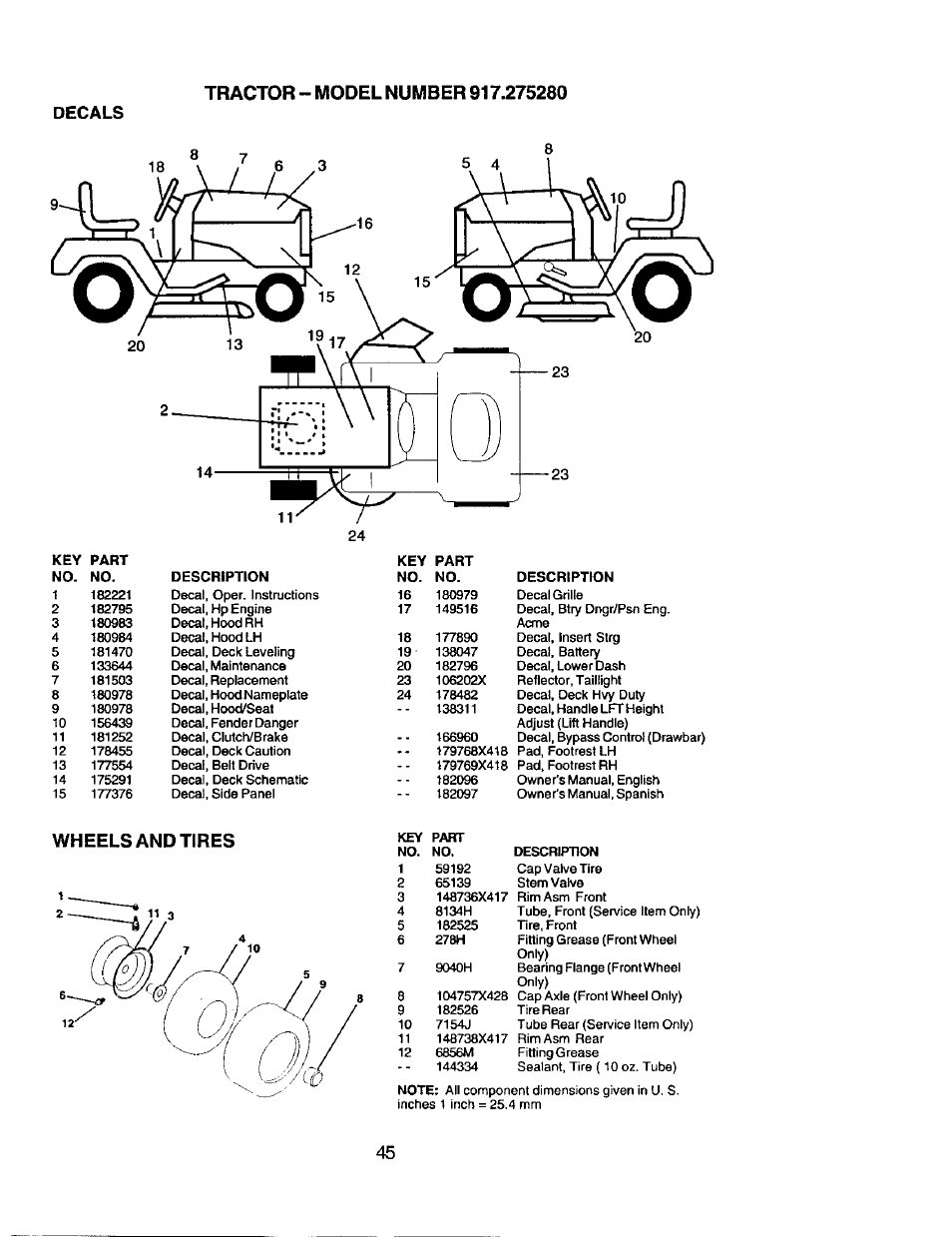 Decals, Wheels and tires | Craftsman 917.275280 User Manual | Page 45 / 60