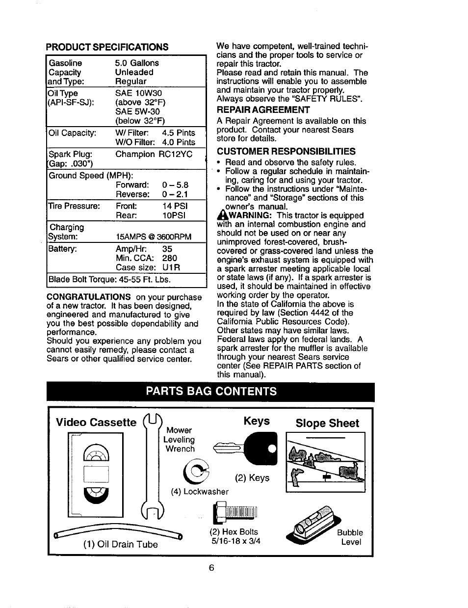 Parts bag contents, Video cassette keys, Slope sheet | Parts bag contents video cassette keys | Craftsman 917.275280 User Manual | Page 6 / 60