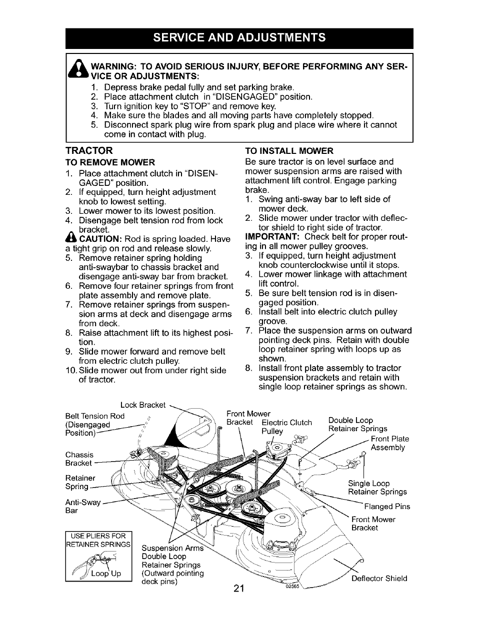 Service and adjustments, Tractor, To install mower | Craftsman 917.276320 User Manual | Page 21 / 56