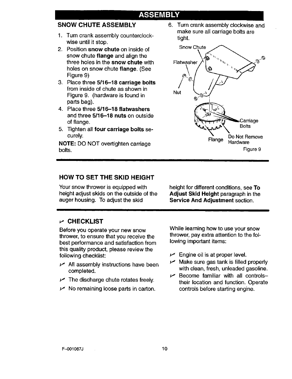 Snow chute assembly, How to set the skid height, Checklist | Assembly | Craftsman 536.886440 User Manual | Page 10 / 54