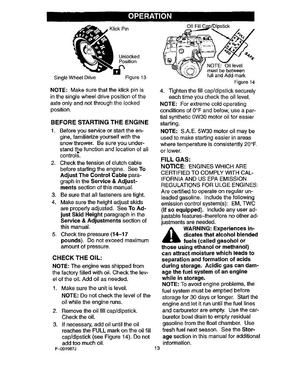 Before starting the engine, Check the oil, Fill gas | Operation | Craftsman 536.886440 User Manual | Page 13 / 54