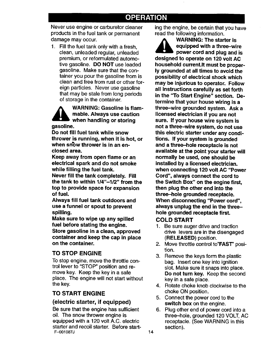 To stop engine, To start engine (electric starter, if equipped), Cold start | Operation | Craftsman 536.886440 User Manual | Page 14 / 54