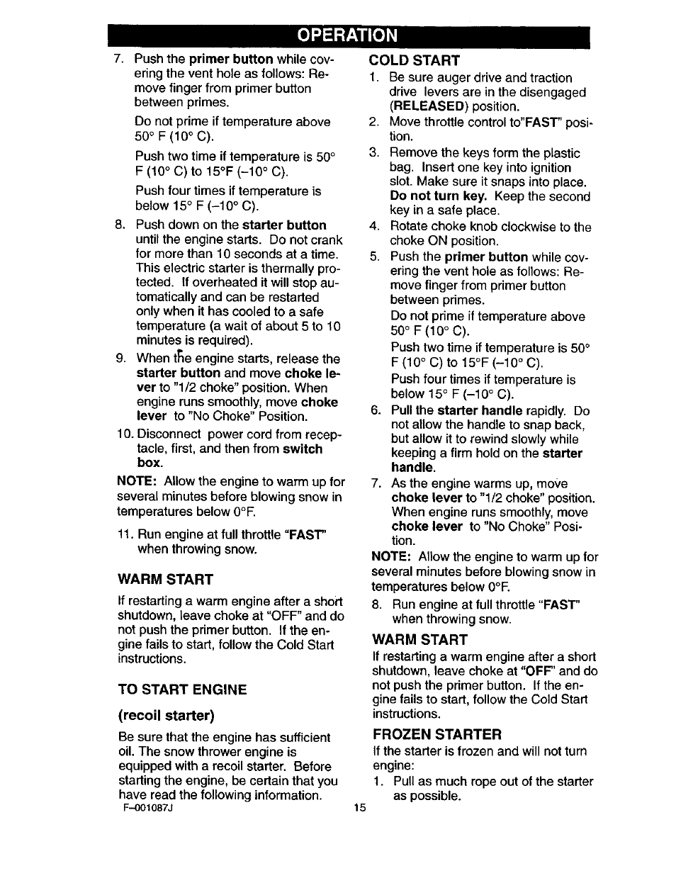 Warm start, To start engine (recoil starter), Cold start | Frozen starter, Operation | Craftsman 536.886440 User Manual | Page 15 / 54