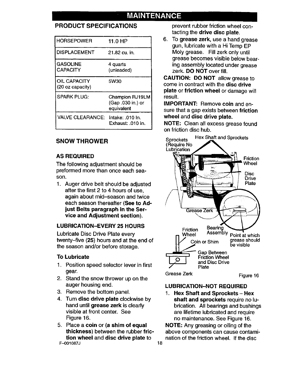 Snow thrower, As required, Lubrication-every 25 hours | To lubricate, Lubrication-not required, Maintenance, Product specifications | Craftsman 536.886440 User Manual | Page 18 / 54