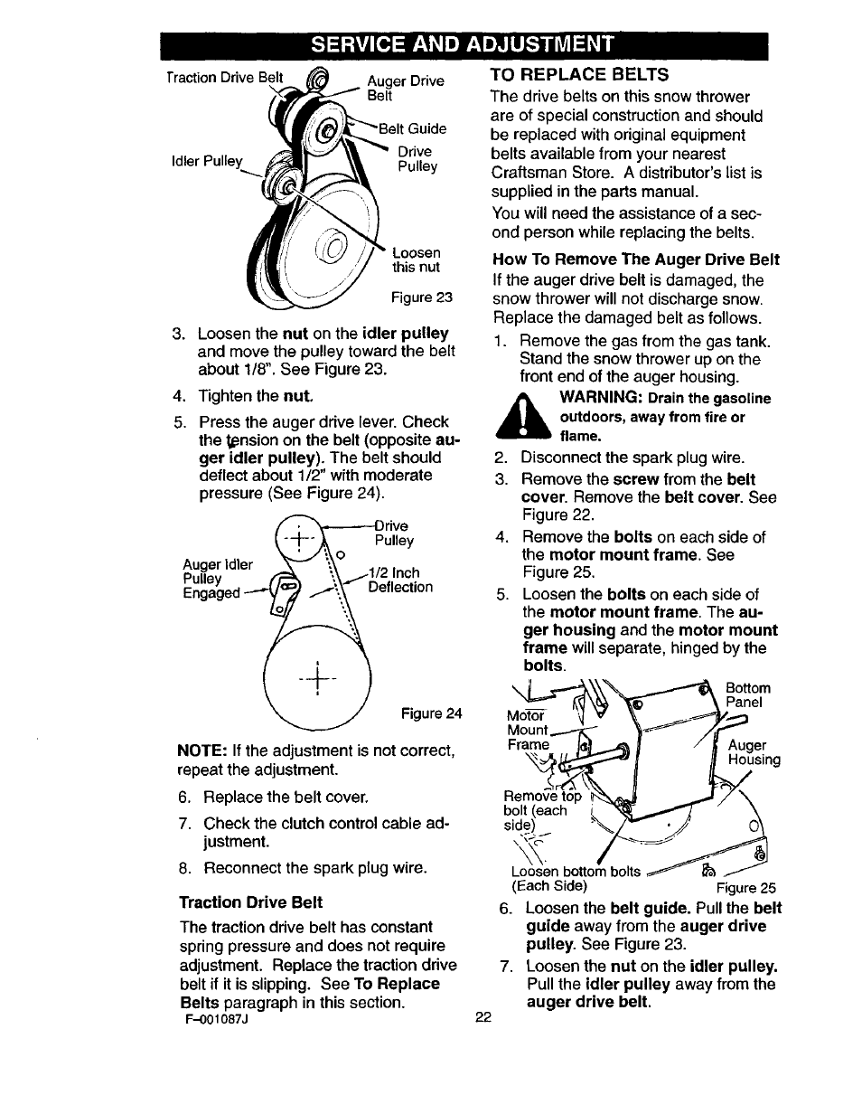 Traction drive belt, To replace belts, Service and adjustment | Craftsman 536.886440 User Manual | Page 22 / 54