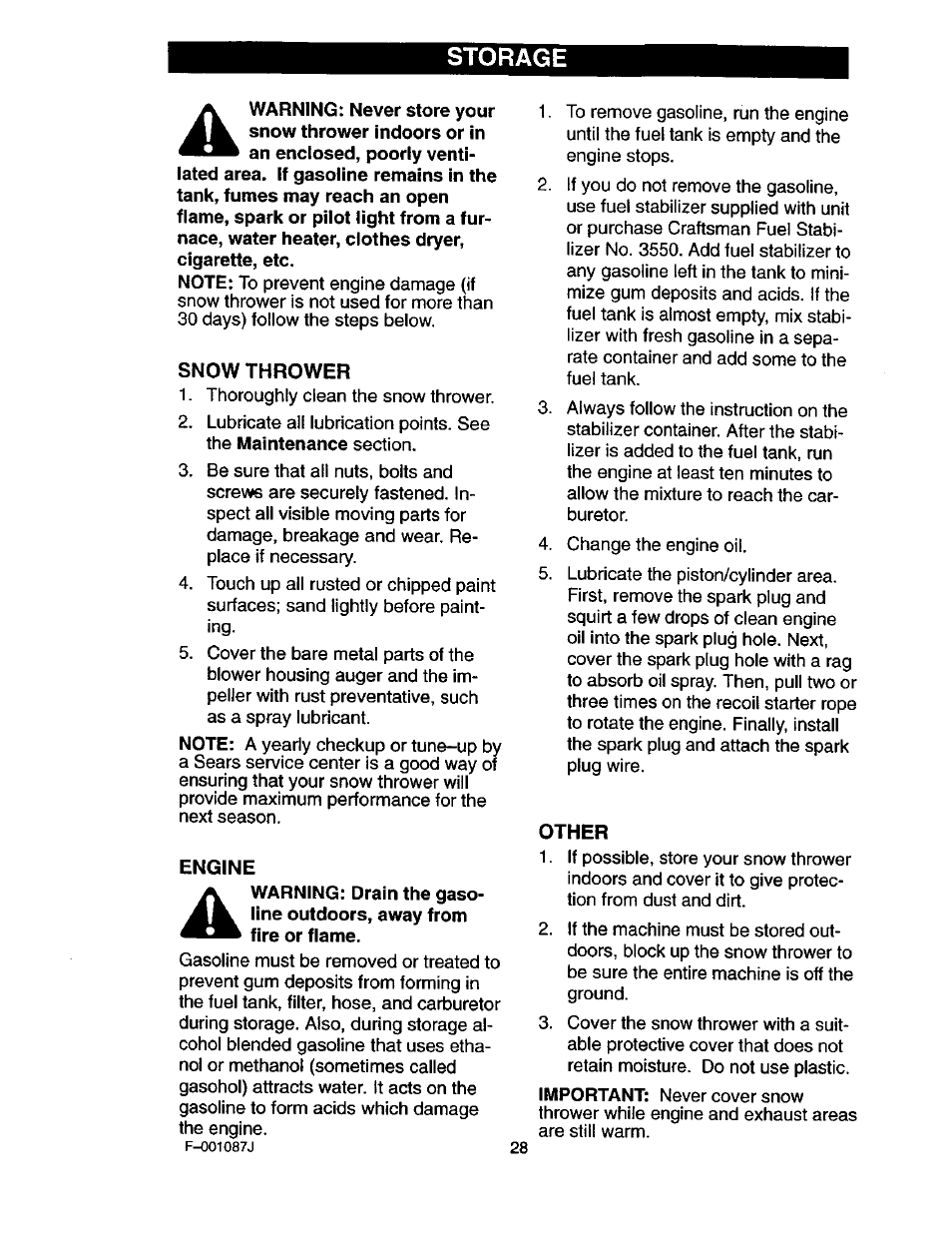 Storage, Snow thrower, Engine | Other | Craftsman 536.886440 User Manual | Page 28 / 54