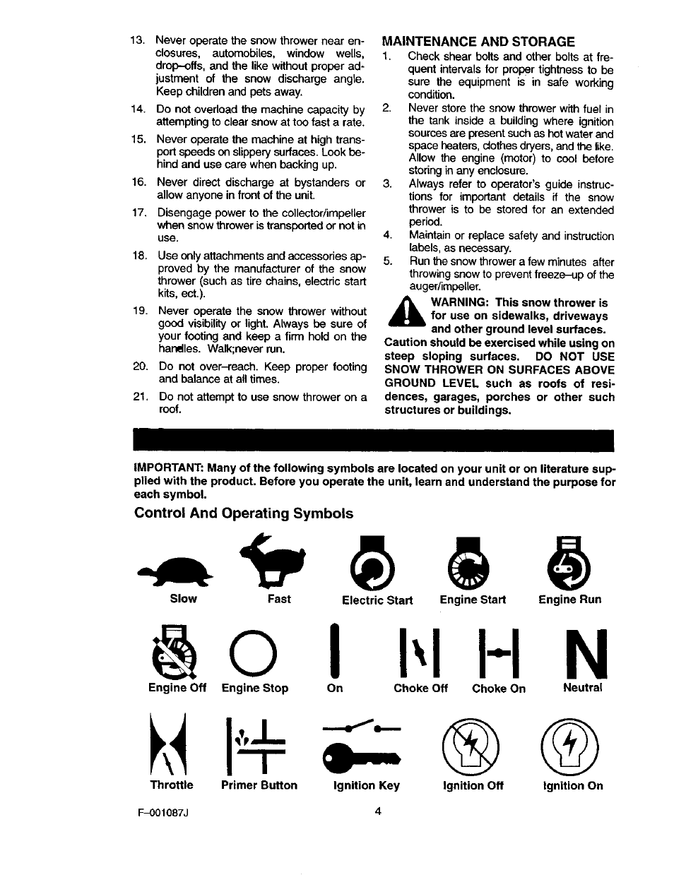 Maintenance and storage, Control and operating symbols, O i i'l h n | Craftsman 536.886440 User Manual | Page 4 / 54