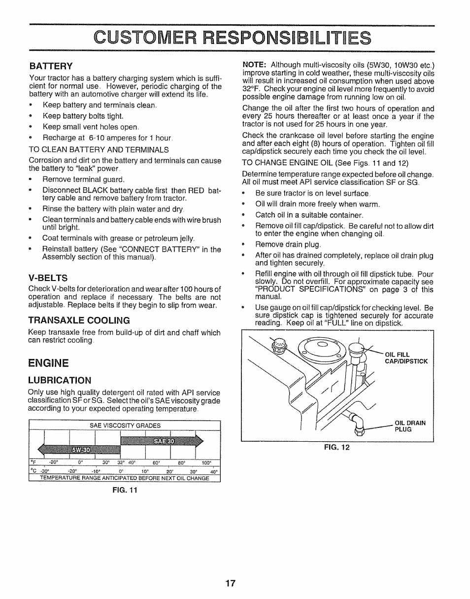 Battery, V-belts, Transaxle cooling | Lubrication, Customer respomslbluties, Engine | Craftsman 917.25650 User Manual | Page 17 / 56