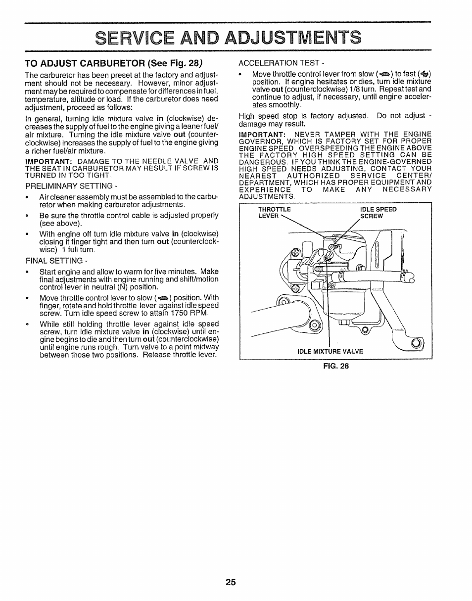 To adjust carburetor {see fig. 28), Service and adjustments | Craftsman 917.25650 User Manual | Page 25 / 56