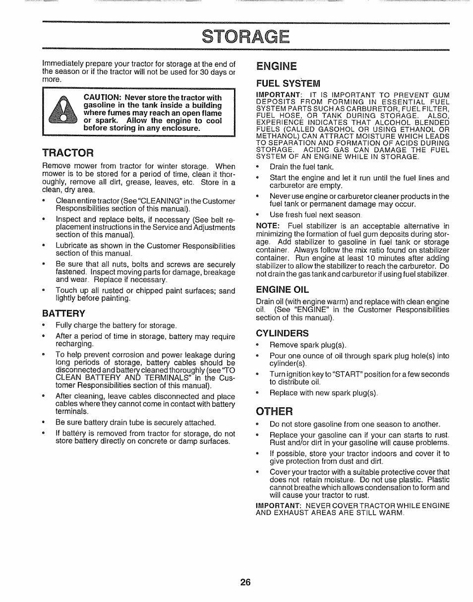 Storage, Battery, Fuel system | Engine oil, Cylinders, Engine oh, Tractor, Engine, Other | Craftsman 917.25650 User Manual | Page 26 / 56