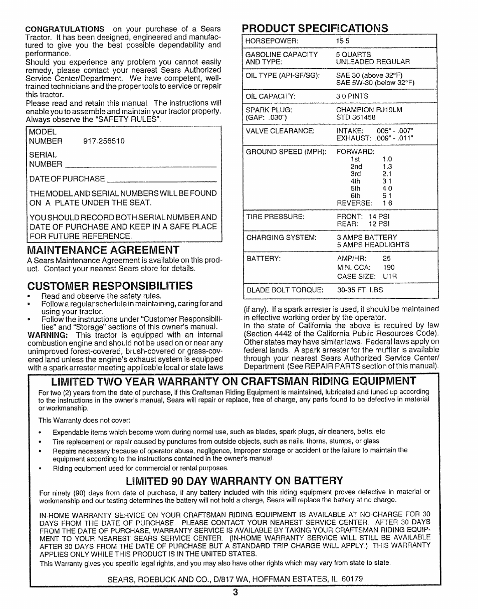 Product specifîcatioms, Maintenance agreement, Customer responsibilities | Limited 90 day warranty on battery | Craftsman 917.25650 User Manual | Page 3 / 56