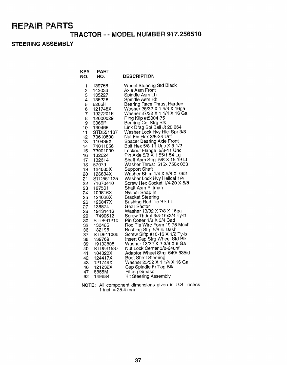 Repair parts, Steering assembly | Craftsman 917.25650 User Manual | Page 37 / 56