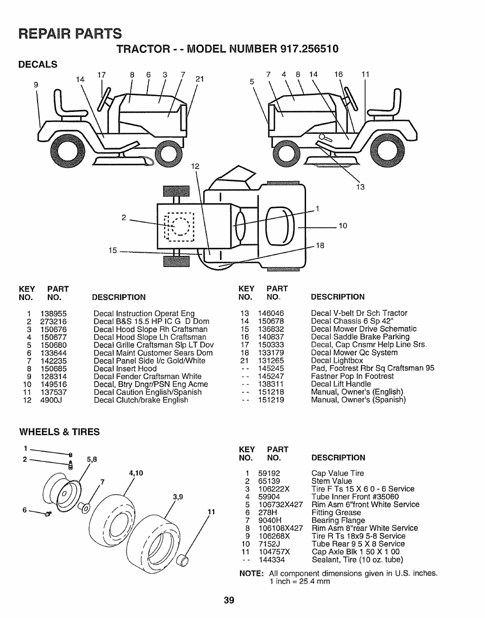 Decals, Wheels & tires, Repair parts | Craftsman 917.25650 User Manual | Page 39 / 56