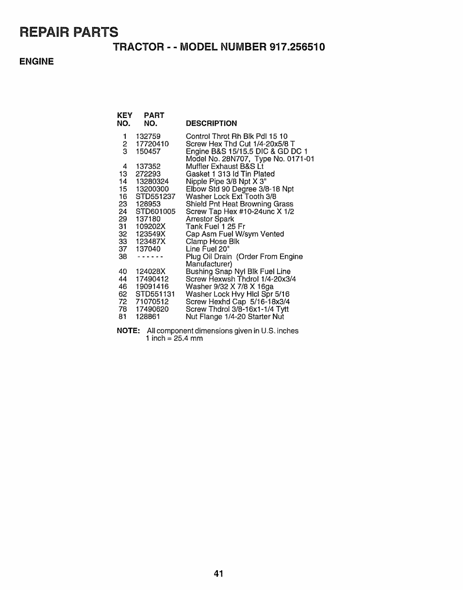 Engine, Repair parts | Craftsman 917.25650 User Manual | Page 41 / 56