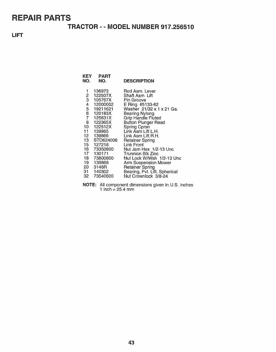 Lift, Repair parts | Craftsman 917.25650 User Manual | Page 43 / 56