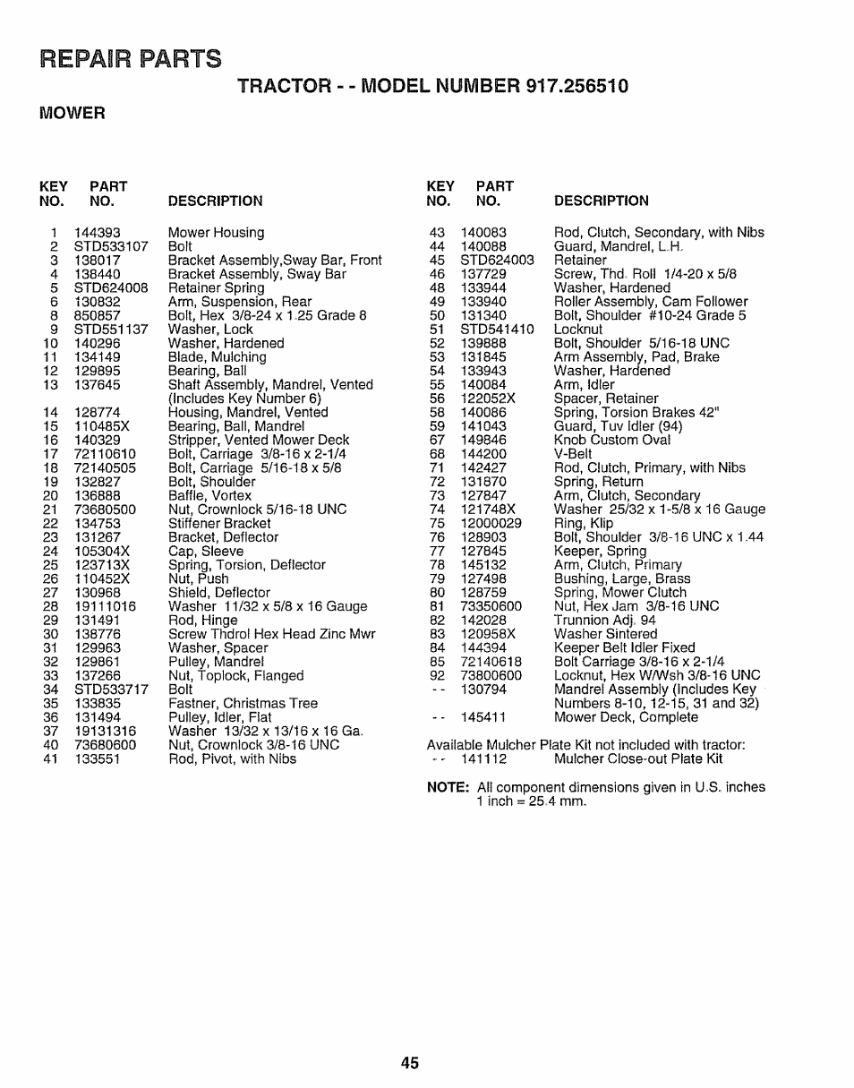 Mower, Repair parts | Craftsman 917.25650 User Manual | Page 45 / 56