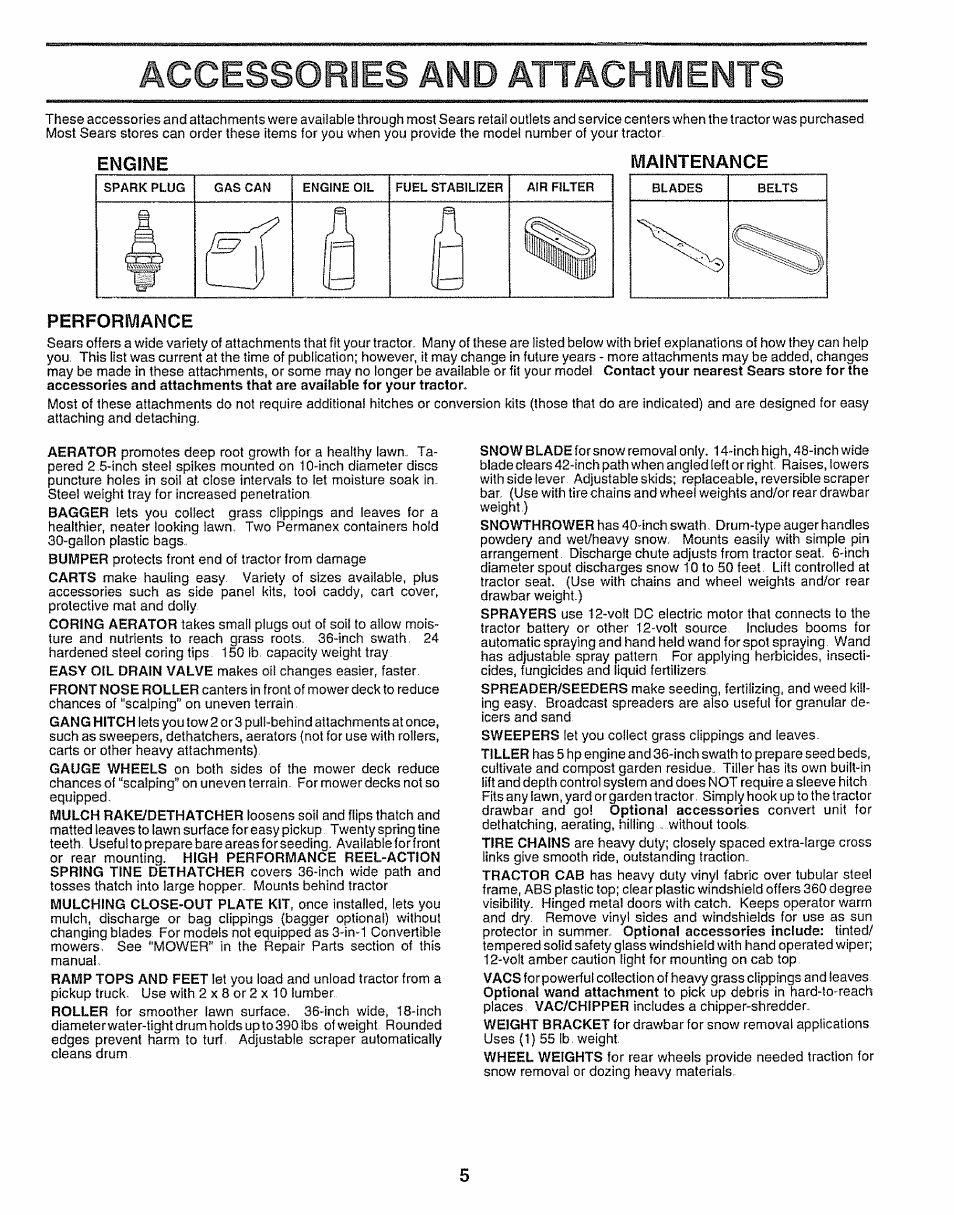 Engine, Maintenance, Performance | Accessories and attachiyients, Engine maintenance performance | Craftsman 917.25650 User Manual | Page 5 / 56