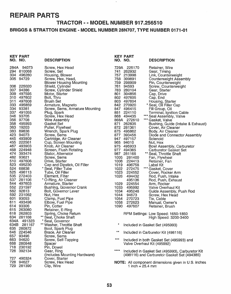 Repair parts | Craftsman 917.25650 User Manual | Page 53 / 56