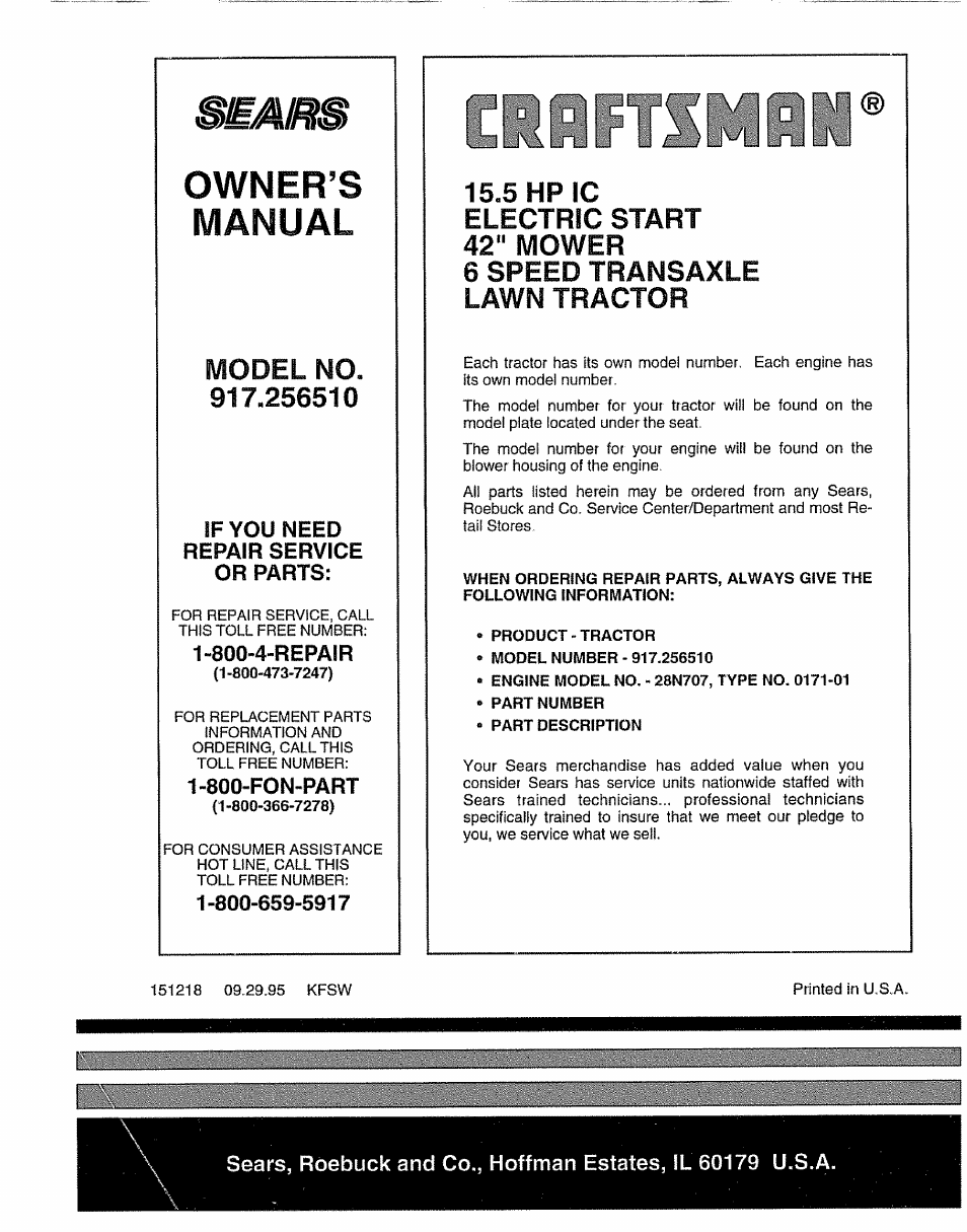 Model no, If you need repair service or parts, 800-4-repair | 800-fon-part, Bemim, Owner’s manual, Lawn tractor | Craftsman 917.25650 User Manual | Page 56 / 56