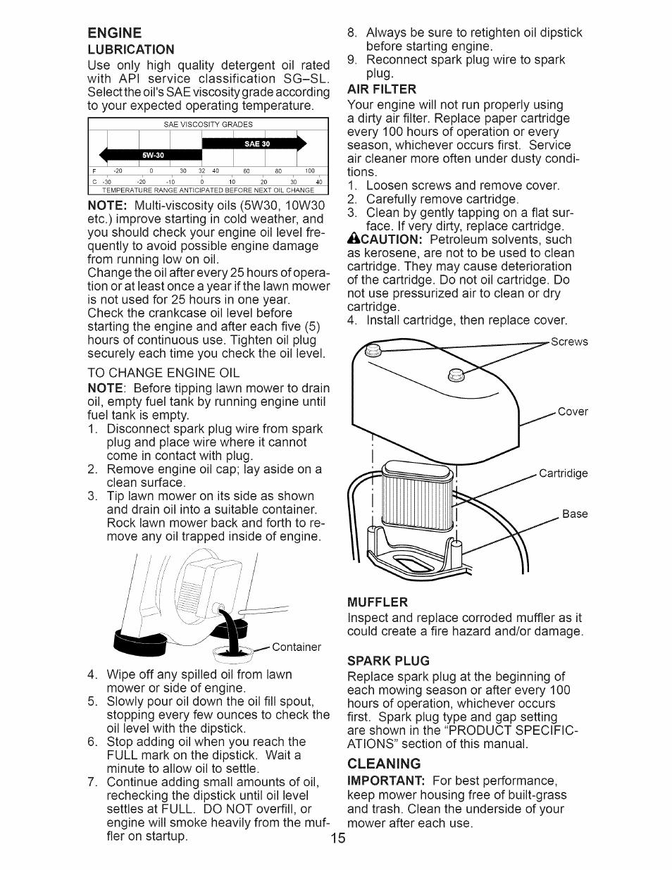 Air filter, Muffler, Spark plug | Engine, Cleaning | Craftsman 917.374111 User Manual | Page 15 / 52