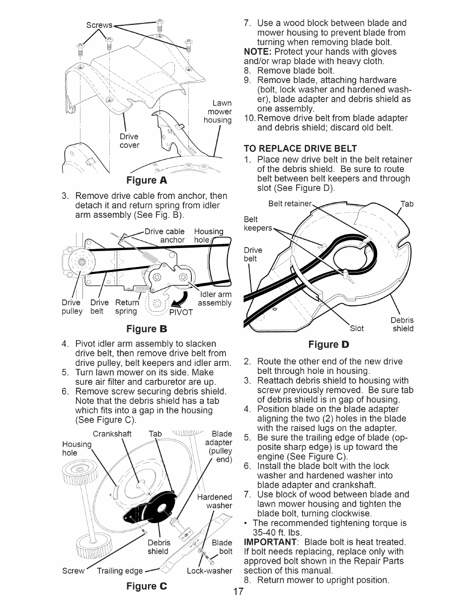 To replace drive belt, Figure b, Figure d | Figure c | Craftsman 917.374111 User Manual | Page 17 / 52