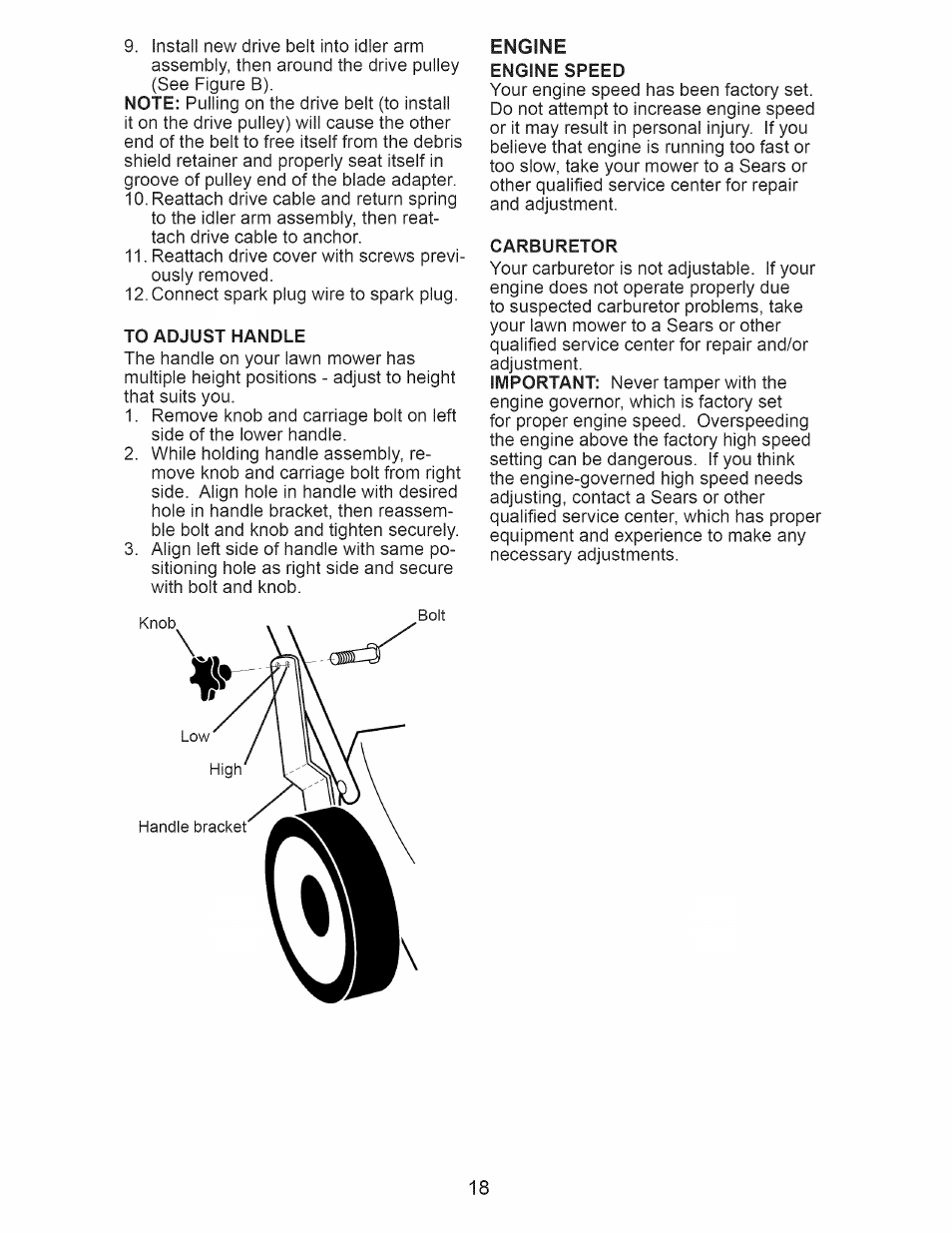 To adjust handle, Carburetor | Craftsman 917.374111 User Manual | Page 18 / 52